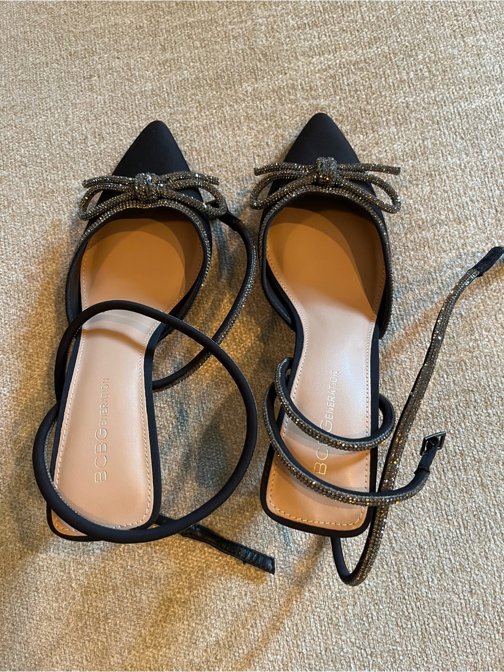 BCBGeneration Black Pointed Toe Ankle Wrap Flats with Bow
